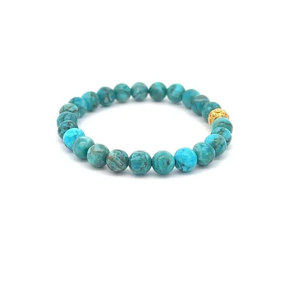 18K Gold Money Ball Lucky Bracelet Gemstones Turquoise 6mm - Picture 5 of 5